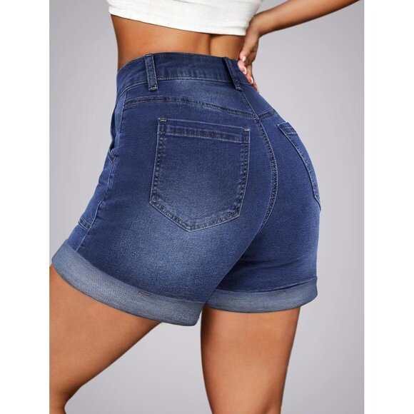 Blue High Waisted Stretchy Casual Denim Shorts Ripped Frayed Hem Summer - Picture 3 of 6